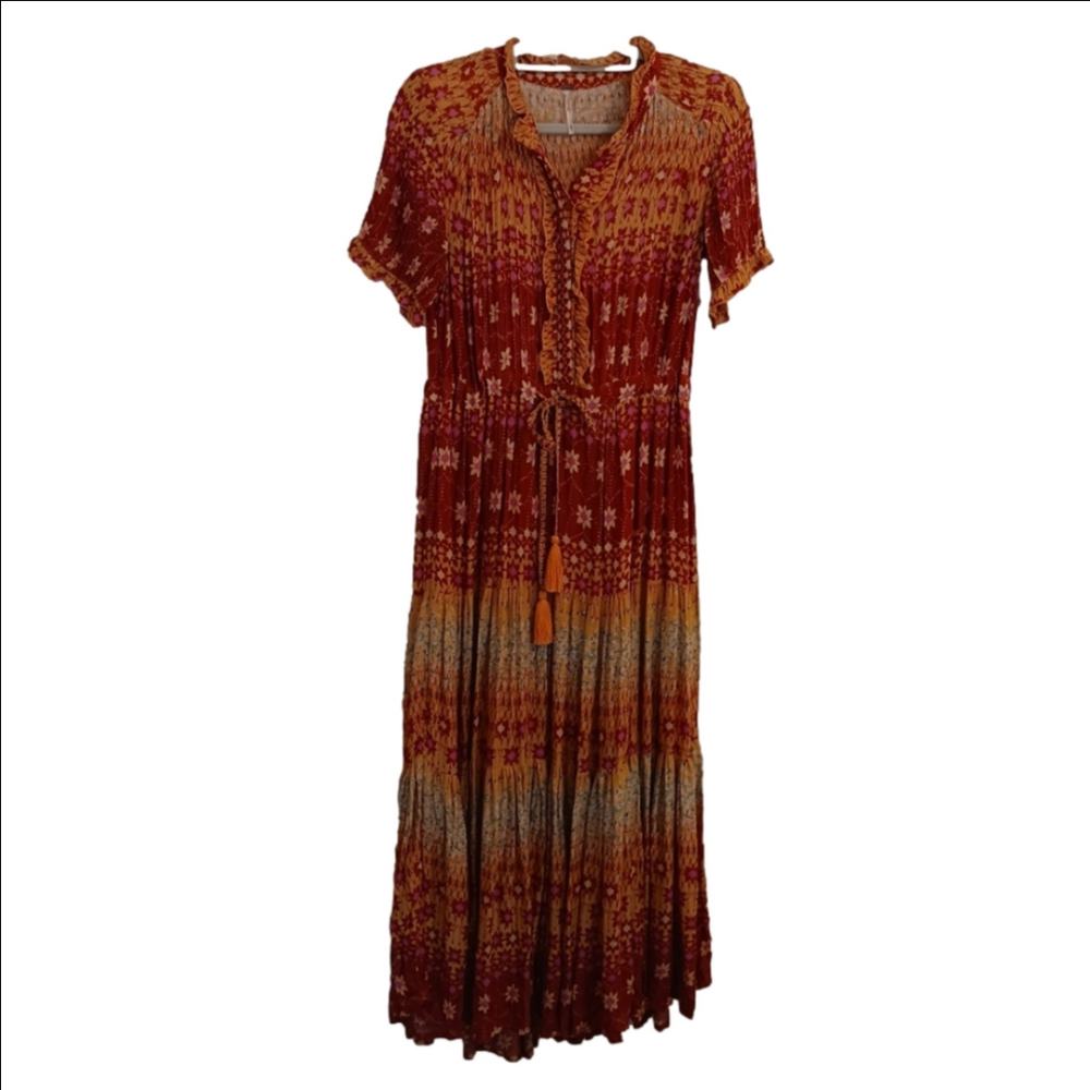 Free People Floral Rare Feelings Maxi Dress Orange & Fuchsia Boho Print Gauze - Picture 3 of 13